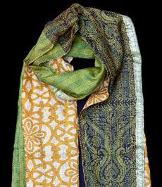 Kantha scarf recycled silk orange-green via Via India